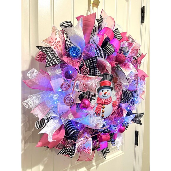 Handmade Bright Top Hat Snowman Holiday Ribbon Door Wreath 22 ins W68 Pink Black - Picture 3 of 12
